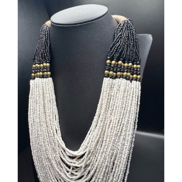 Vintage Handmade Multistring White and black Beaded Statement Necklace - Picture 5 of 9